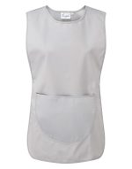 A grey Pocket Tabard featuring a large front pocket and a simple, sleeveless design. Includes a logo.