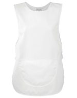 A white Pocket Tabard with a large front pocket and a simple sleeveless design. Includes a logo.
