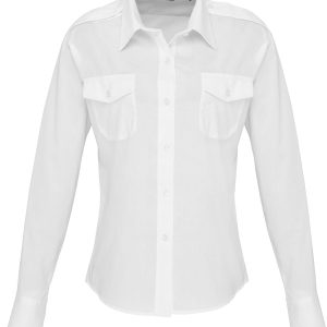 A women's long-sleeve pilot shirt in white with two chest pockets and a logo. Suitable for uniform wear.