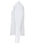 A white women's long-sleeve pilot shirt with a pocket, featuring a clean and tailored design.
