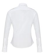 A white women's long-sleeve pilot shirt with a fitted design and buttoned cuffs, featuring a logo on the back.