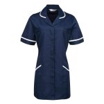 A navy healthcare tunic featuring white piping, with short sleeves and side pockets. It has a logo on the label.