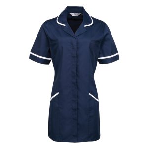 A navy healthcare tunic featuring white piping, with short sleeves and side pockets. It has a logo on the label.