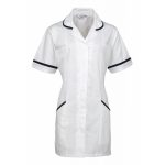 A white healthcare tunic with navy piping, featuring short sleeves and pockets. It has a logo on the chest area.