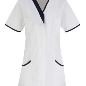 A white healthcare tunic with navy trim, featuring short sleeves and front pockets. It has a logo on the chest.