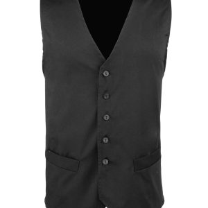 A black hospitality waistcoat with a v-neck, five buttons, and two front pockets. It has a branded label.