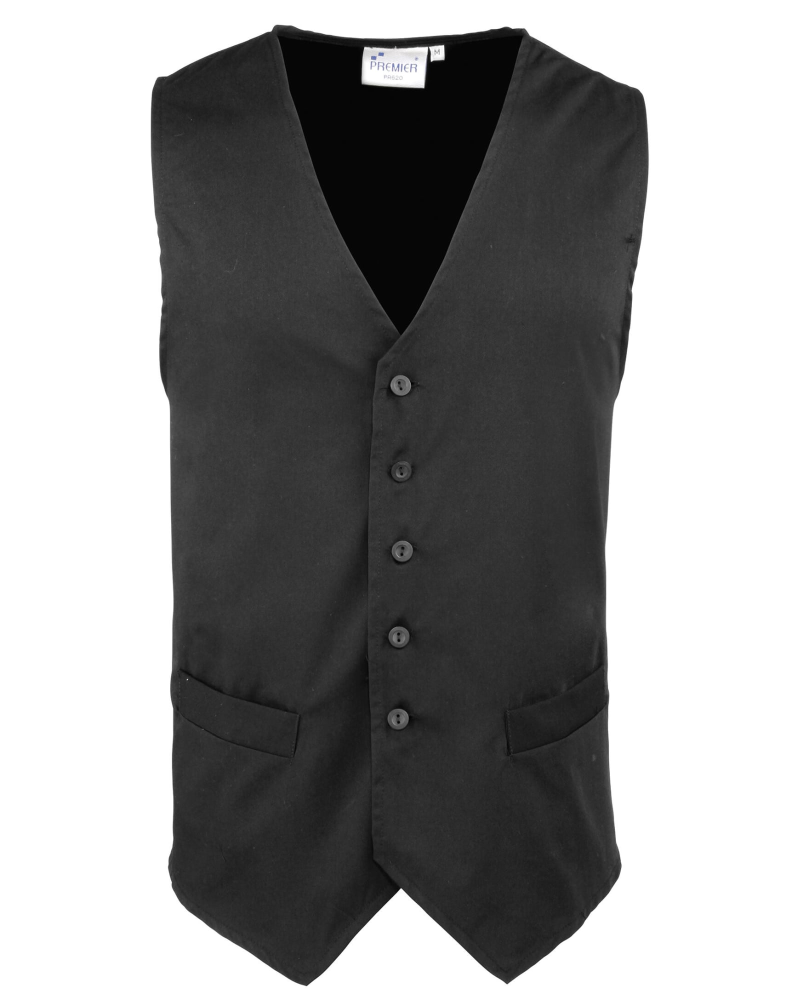 A black hospitality waistcoat with a v-neck, five buttons, and two front pockets. It has a branded label. A black hospitality waistcoat with a v-neck, five buttons, and two front pockets. It has a branded label.