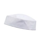 A white chef's hat with a flat top and a soft fabric design, featuring a logo.
