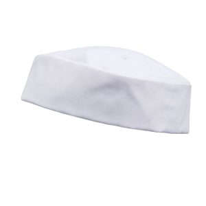A white chef's hat with a flat top and a soft fabric design, featuring a logo.