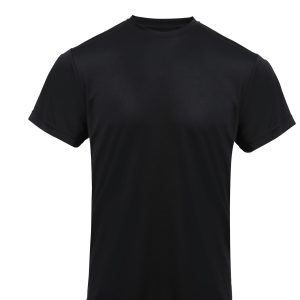 A black short-sleeved T-shirt made from lightweight fabric, featuring a logo. Suitable for chefwear.