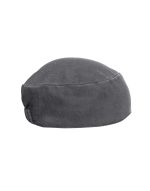 A grey chef's skull cap with a rounded shape and fabric texture, featuring a logo on the side.