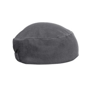 A grey chef's skull cap with a rounded shape and fabric texture, featuring a logo on the side.