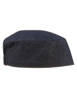 A dark denim chef's skull cap with a flat top and stitched seams, featuring a branding logo.