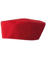 A red chef's skull cap with a structured, angular design. It features a logo on one side.
