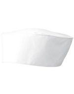 A white chef's skull cap with a smooth, rounded design. Features a branding logo.