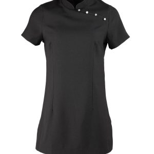 A black Mika Beauty and Spa tunic with a high collar and decorative buttons on one side. It features short sleeves.