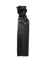 A plain black scarf with a smooth, satin finish, featuring a twisted design at the top.