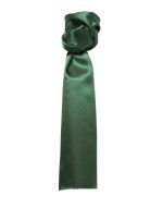 A plain, dark green scarf with a smooth satin finish, featuring a tied detail at one end.