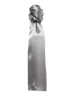 A plain grey scarf with a smooth, satin finish and a knotted detail at the top. It has a logo.
