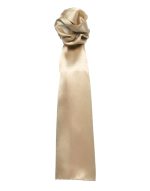 A plain beige scarf with a smooth, satin-like texture, featuring a gathered design at one end.