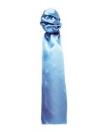 A plain blue scarf with a silky texture, designed as a stylish clothing accessory. It has a logo on it.
