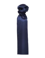 A plain navy scarf hanging loosely, featuring a smooth texture and a simple, elegant design.