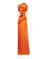 An orange plain scarf made of smooth fabric, tied in a knot at the top. It features a logo.