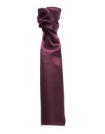A plain burgundy scarf with a smooth, satin finish and gathered detail at one end. Features a logo.