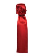 A plain red scarf with a smooth satin finish, featuring a knotted design at one end.