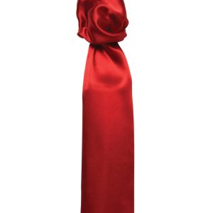A plain red scarf with a smooth satin finish, featuring a knotted design at one end.