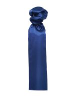 A plain dark blue scarf with a smooth texture, featuring a tied design at the top. It has a subtle branding logo.