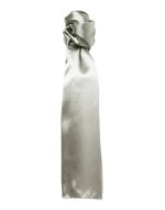 A plain silk scarf in a soft silver colour, knotted at the top. Features a logo.