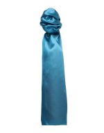 A plain turquoise scarf with a smooth texture, featuring a gathered style at one end.