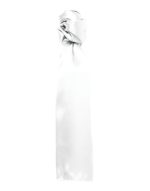 A plain white scarf tied in a knot, made from a smooth fabric, featuring a minimalistic design.