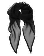 A black chiffon scarf with a sheer texture and pointed ends, featuring a subtle border.