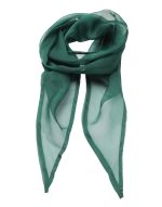 A green chiffon scarf with a lightweight, sheer design, featuring a delicate, flowing look and a simple branding logo.
