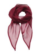 A burgundy chiffon scarf with a lightweight, flowing design and pointed ends. Features a logo.