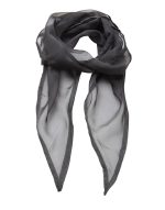 A sheer grey chiffon scarf with pointed ends and a delicate, lightweight design. It features a branding logo.