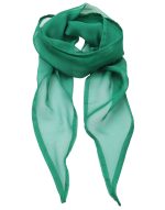 A green chiffon scarf with a silky finish, featuring two pointed ends and a delicate lightweight texture.