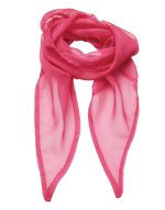 A pink chiffon scarf with a lightweight, flowing design and a delicate finish, featuring a subtle branding logo.