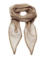 A light brown chiffon scarf featuring a soft, sheer design with pointed ends and a subtle brand logo.