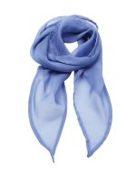 A blue chiffon scarf with a lightweight, sheer texture and pointed ends, featuring a branding logo.