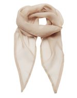 A soft chiffon scarf in a light beige colour, featuring a flowing, delicate design. It has a logo.