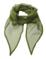 A green chiffon scarf with a lightweight, sheer fabric and a flowing design, featuring pointed ends and a delicate finish.
