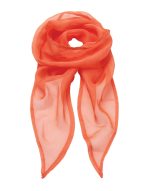 An orange chiffon scarf displayed in a loop, featuring a lightweight and sheer design.