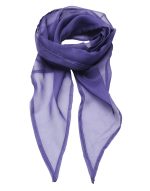 A purple chiffon scarf with a lightweight, sheer texture and pointed ends. It features a logo on one side.