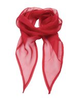 A red chiffon scarf with a lightweight, sheer texture, featuring a soft drape and pointed ends.