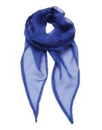 A blue chiffon scarf with a lightweight, sheer fabric and pointed ends. It has a logo.