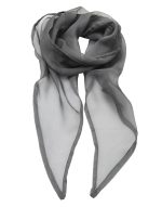 A sheer grey chiffon scarf with soft, flowing fabric and pointed ends. It features a logo.