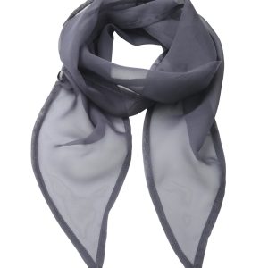 A grey chiffon scarf with a lightweight, sheer design, featuring pointed ends. It has a minimalist appearance.
